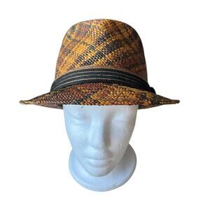 Vintage MAKINS Sisal Woven Brown Tan Black Fedora Sz Large Mens Handmade Summer